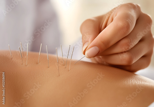 Close-up of acupuncture therapy with needles carefully inserted into the skin, traditional Chinese medicine for pain relief and holistic healing