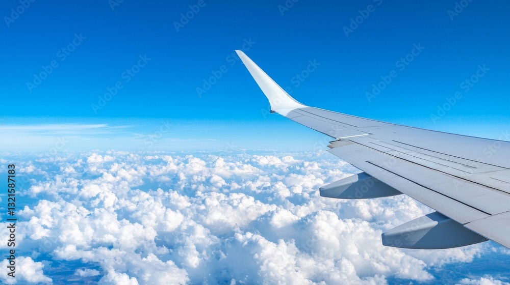 Airplane wing above fluffy clouds against a clear blue sky. Airplane wing above fluffy clouds against a clear blue sky.