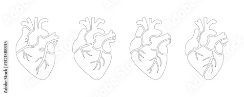 Anatomical Heart Line Art Vector Icon Set – Human Heart Sketch Outline Clipart with Veins for Cardiology, Medical, Health, and Biology. Editable Stroke
