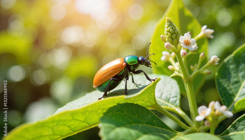 Close-up of Japanese beetle on green leaf in garden, nature's beauty Close-up of Japanese beetle on green leaf in garden, nature's beauty