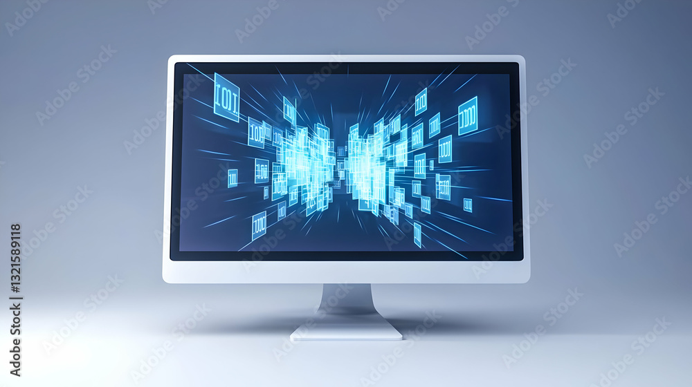 White Computer Monitor Displaying Exploding Blue Binary Code Against a Soft Gray Background in a Modern Studio Setting With Bright Lighting