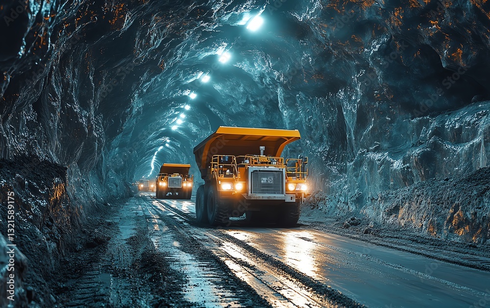 Obraz premium Mining trucks in deep underground tunnel