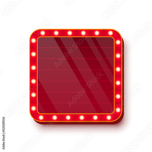 Retro casino light sign with red glass surface and golden bulbs around edges on white background. Circus, cinema, theater banner with place for text. UI interface element. Vector illustration.