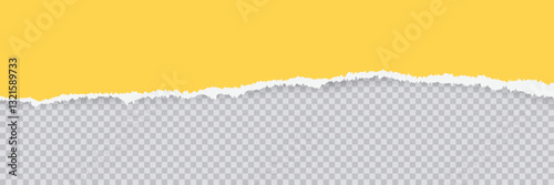 Horizontal torn yellow paper page with ripped edges isolated on transparent background. Textured ripped page for creative design, banners, overlays in media projects. Realistic vector illustration.