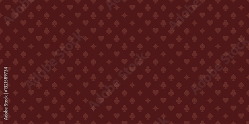 Poker red table background. Casino seamless pattern of playing card suits: hearts, spades, diamonds, and clubs. Playing field for game blackjack. UI interface element. Realistic vector illustration.