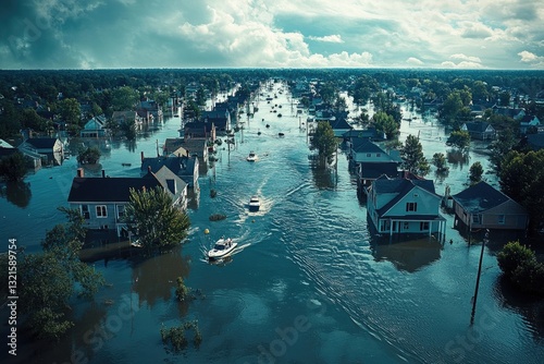 Flooded landscape showcases submerged homes and vehicles, highli photo