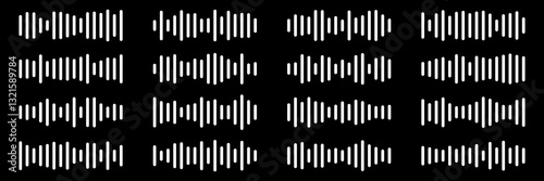 Sound waves set. Music audio frequency, voice waveform, electronic radio signal, volume level, track symbol. Various noise pulses white lines isolated on black. Abstract vector background.