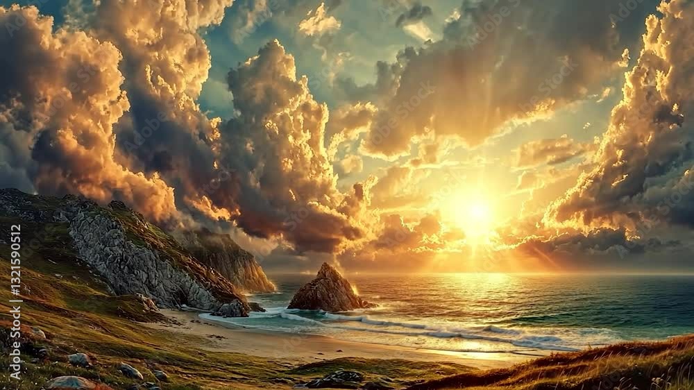 Golden Hour Coastal Sunset: Dramatic Cloudscape over Ocean Beach