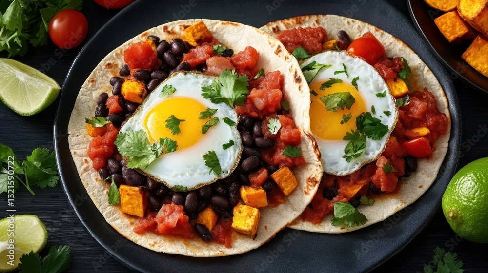 Breakfast tacos eggs concept. A vibrant dish featuring tortillas topped with beans, tomatoes, eggs, and herbs, showcasing a colorful and appetizing breakfast or brunch option. Breakfast tacos eggs concept. A vibrant dish featuring tortillas topped with beans, tomatoes, eggs, and herbs, showcasing a colorful and appetizing breakfast or brunch option.