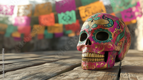 Colorful Mexican sugar skull with vibrant decorations for Cinco de Mayo on a wooden table