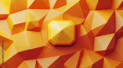 Abstract Golden Pyramid on Orange Geometric Background Modern Design 3D Render Art Facet Shiny Color