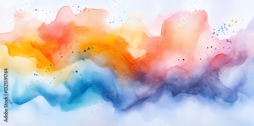 Abstract Watercolor Landscape Painting Orange Blue Yellow