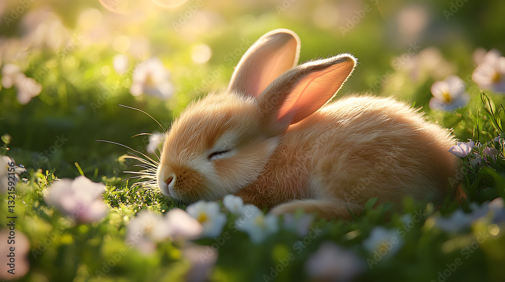 A peaceful, fluffy rabbit sleeping amidst colorful wildflowers in a sunlit meadow, evoking tranquility A peaceful, fluffy rabbit sleeping amidst colorful wildflowers in a sunlit meadow, evoking tranquility