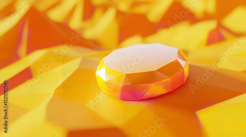 Abstract Golden Geometric Shape on Orange Background Modern Design Digital Art 3D Render Gem Facet  
