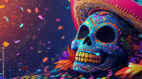 Colorful Mexican sugar skull wearing a sombrero surrounded by confetti for Cinco de Mayo