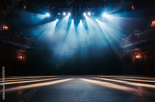 Dark empty theater stage illuminated by dramatic blue spotlights, artistic and cinematic atmosphere for performance or concert scene