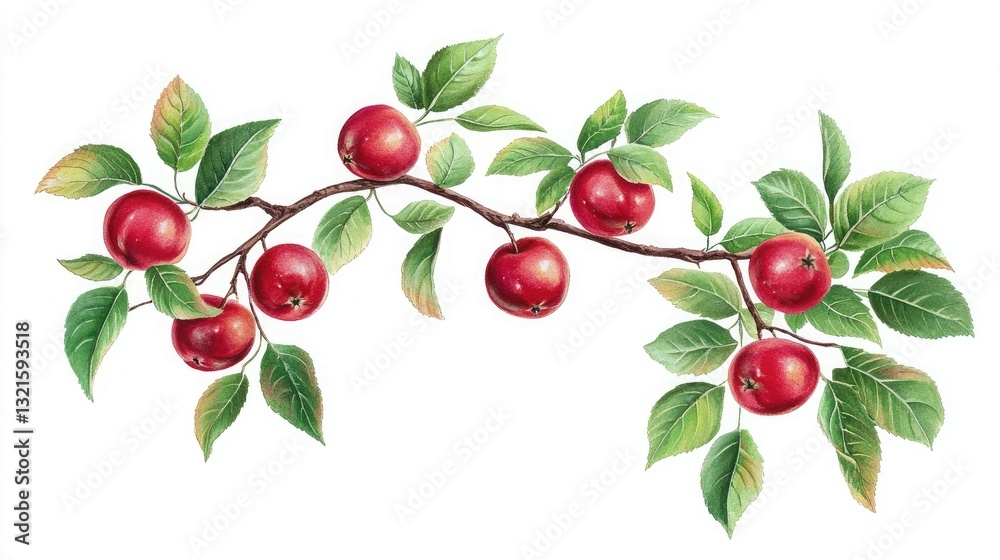 Fototapeta premium a single apple tree branch with glossy red apples and green leaves. 