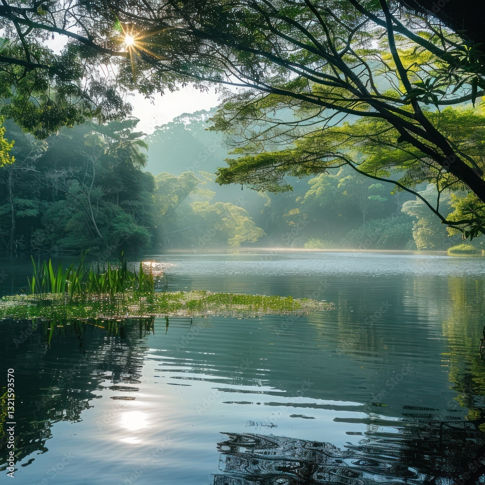 Fototapeta premium Serene lake sunrise in lush forest
