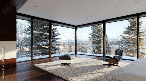 Modern winter bedroom with mountain view