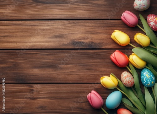 Colorful Tulips and Easter Eggs Arranged on a Brown Wooden Surface