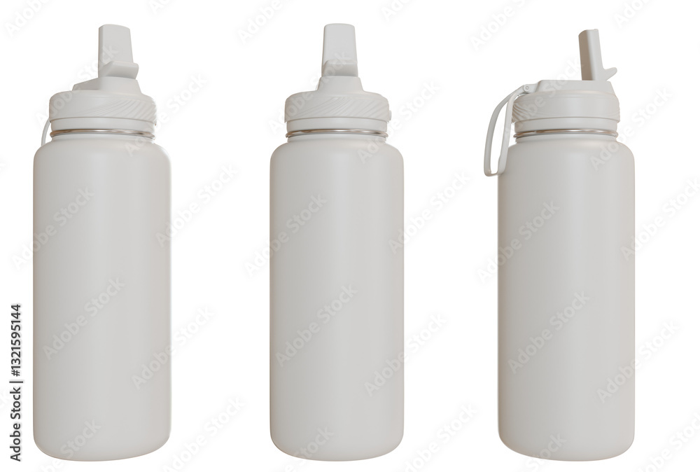 Three plain white reusable water bottles Three plain white reusable water bottles