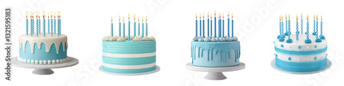 Assortment of Delicious Birthday Cakes with Colorful Candles Arranged for a Festive or Occasion  The Cakes Feature a Variety of Designs Flavors and Such as Frosting Icing and Toppings