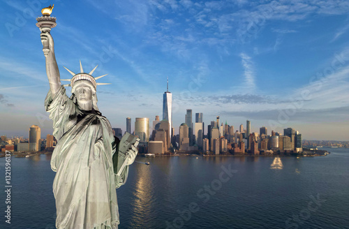 statue of liberty in front of new york city skyline composite photo (lady liberty freedom symbol sculpture built by french) nyc manhattan downtown cityscape harbor waterfront hudson east river