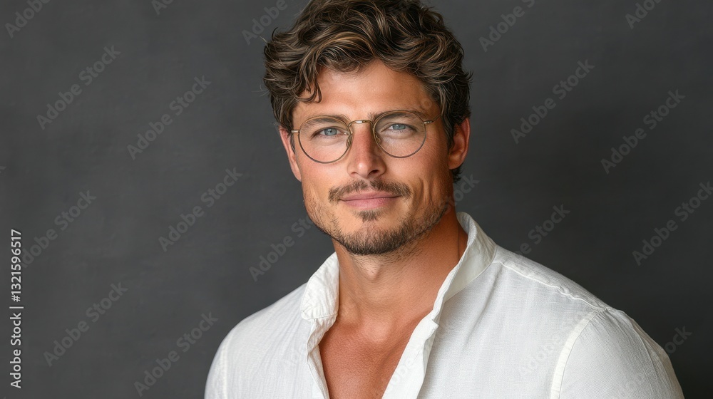 Fototapeta premium A well-groomed man with curly hair and glasses stands confidently, wearing a white shirt. The dark background contrasts with his light attire, creating a striking look