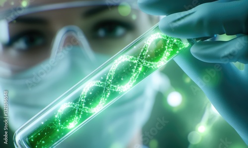 Close-up of a gloved hand holding a test tube with DNA. Inside the tube is a liquid with a double helix. In the blurred background is a woman's face wearing lab glasses and a mask.
