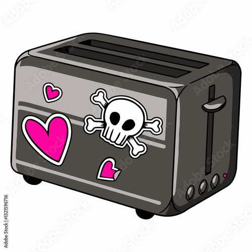 toaster oven with crossbones and hearts stickers.