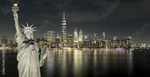 statue of liberty in front of new york city skyline composite photo (lady liberty freedom symbol sculpture built by french) nyc manhattan downtown cityscape harbor waterfront hudson east river