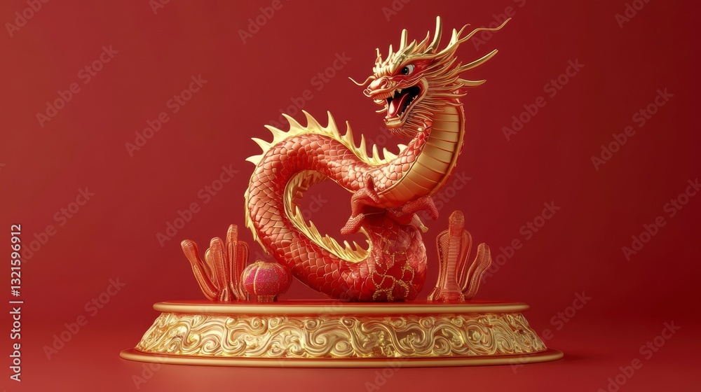 Fototapeta premium 3D Chinese Dragon figurine on pedestal against red background