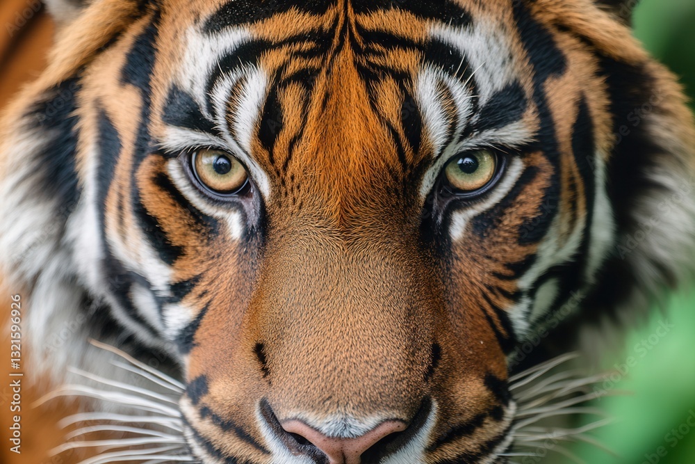 Fototapeta premium Majestic tiger staring directly into the camera with intense gaze and detailed fur