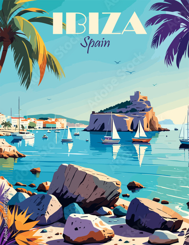 Travel colorful poster of the Mediterranean island of Ibiza. The poster features a beautiful blue ocean with sailboats and palm trees. Scene is serene and relaxing