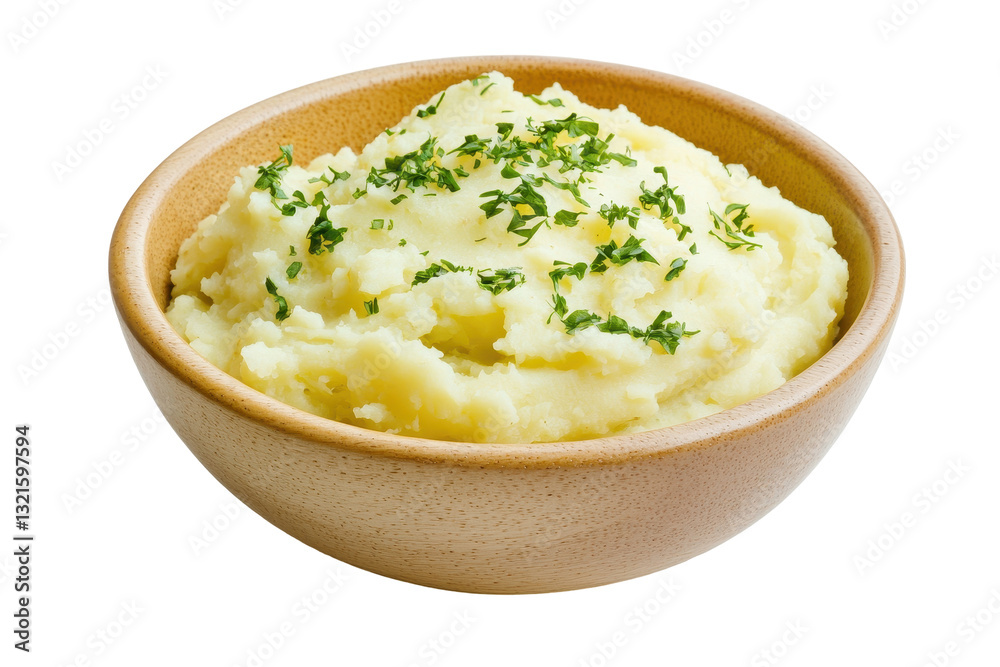 Creamy Mashed Potatoes with Fresh Herbs in Wooden Bowl Creamy Mashed Potatoes with Fresh Herbs in Wooden Bowl