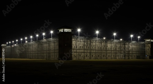 Night view of a prison facility with bright floodlights 