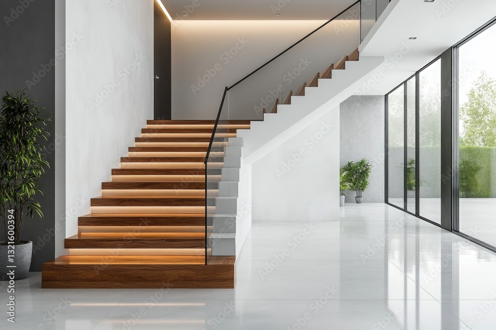 Obraz premium Modern interior with illuminated wooden staircase and glass railing Spacious minimalist design with ample natural light and indoor plants