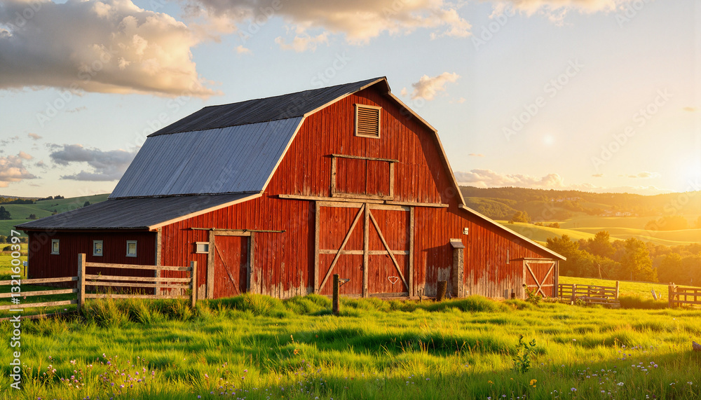 Rustic red barn glowing under sunset in lush pasture, rural serenity Rustic red barn glowing under sunset in lush pasture, rural serenity