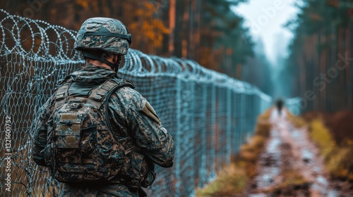 A soldier in military gear monitors a barbed wire fence that stretches through a dense forest. The atmosphere is misty and the ground is muddy, indicating recent rain