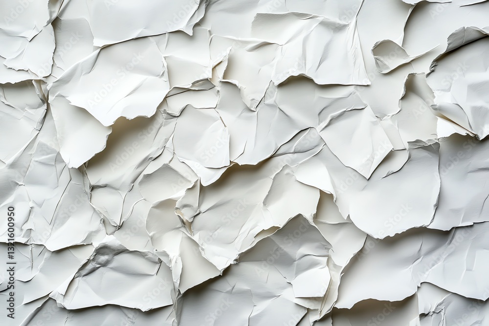 Crumpled White Paper Texture Background with Deep Shadows and Fine Details