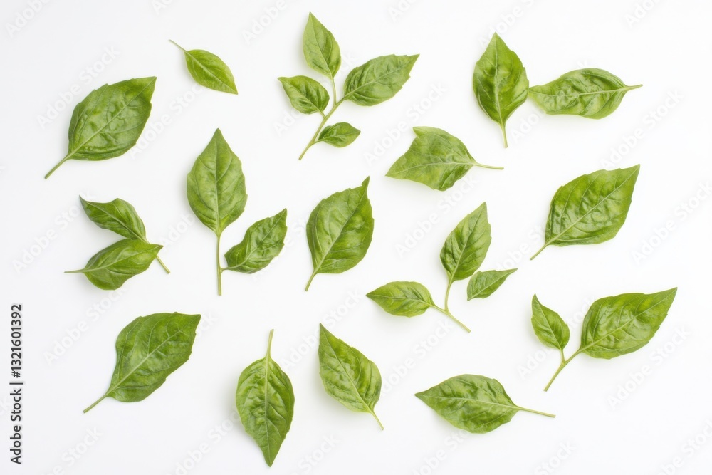 Fresh basil leaves on white background, top view, high contrast, commercial food photography Fresh basil leaves on white background, top view, high contrast, commercial food photography