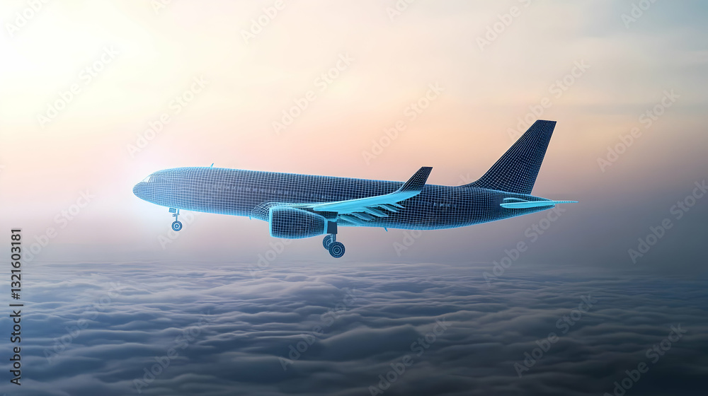 Digital Airplane Soaring Above The Clouds At Sunset Rendering Digital Airplane Soaring Above The Clouds At Sunset Rendering