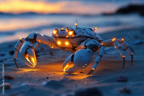A robotic crab scuttling across a beach, collecting microplastics with glowing claws