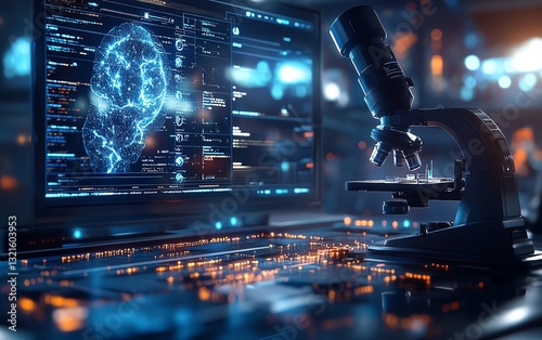 AIpowered microscope analyzing cancer cell mutations, holographic data projection, futuristic biotech lab, photorealistic scientific visualization, cybermedical theme