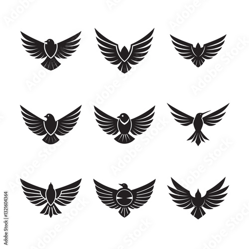 Minimalist iconic logo with birds silhouette wings outline illustrative art