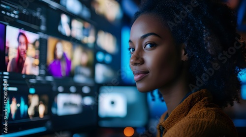 A confident black woman working in a control room, surrounded by monitors displays. She gazes directly at the camera, a picture of composure and expertise.