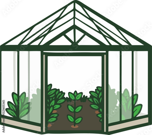 Illustration of a greenhouse with plants growing inside and a transparent structure