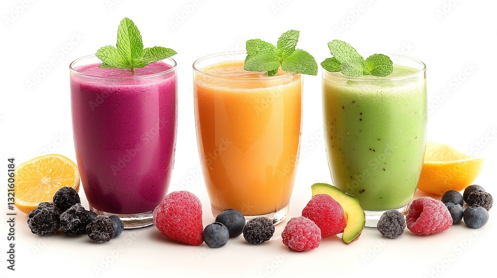 Colorful fruit smoothies in glasses isolated on white Colorful fruit smoothies in glasses isolated on white