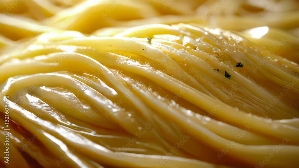 A close-up of fresh udon noodles with a sprinkle of seasoning, emphasizing texture and shine