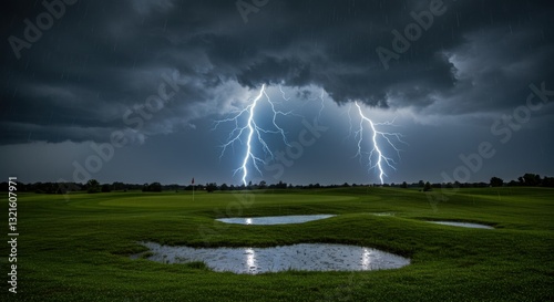 Dramatic lightning strikes illuminate a stormy sky over a lush green golf course at dusk - heavy rain sky raining sky